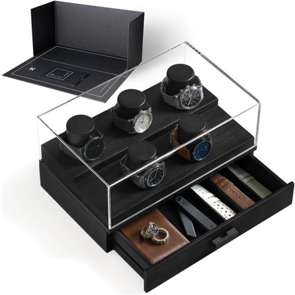 Watch Box Organizer for Men - 5 Pillar Watch Holder with Acrylic Cover, Black - Picture 1 of 6